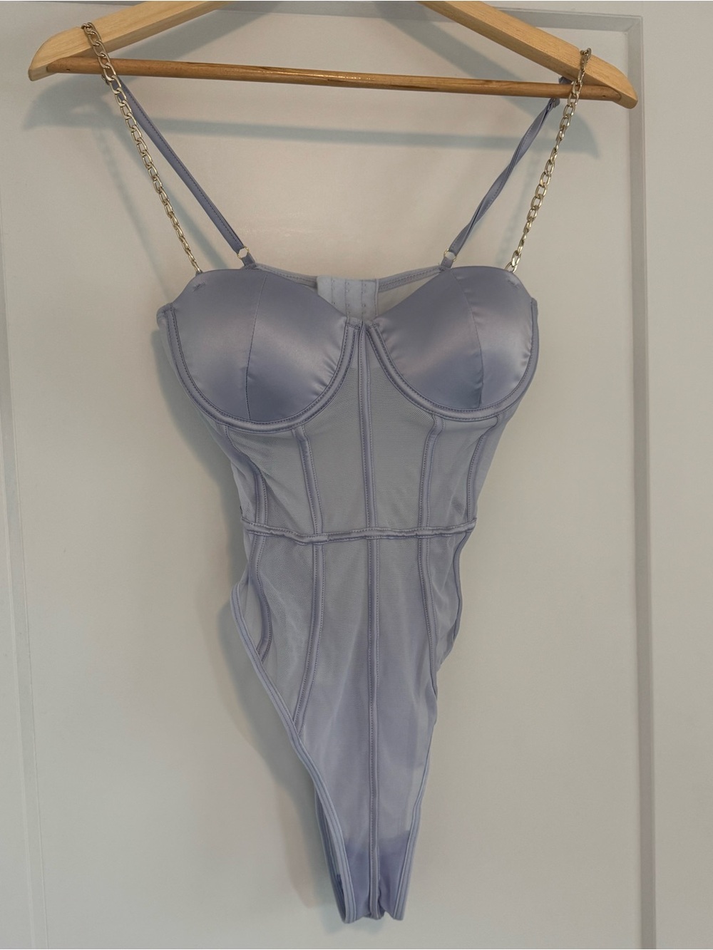 Lavender Silvery Satin Underwire Sheer Mesh Corset Bodysuit Small S